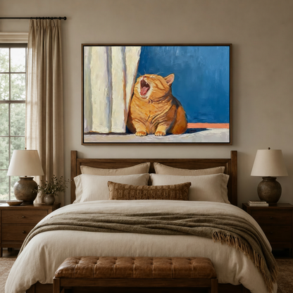 Funny cat oil painting canvas in dark float frame above linen bed in cozy neutral bedroom