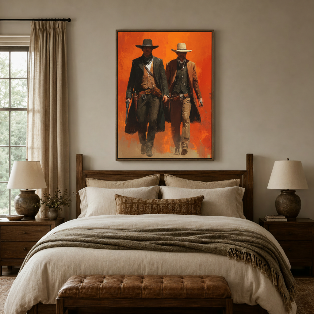 Western oil painting of two gunslinger cowboys above bed in warm neutral bedroom setting
