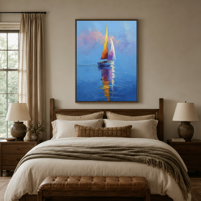Colorful sailboat oil painting in dark walnut float frame above bedroom headboard with neutral linen bedding