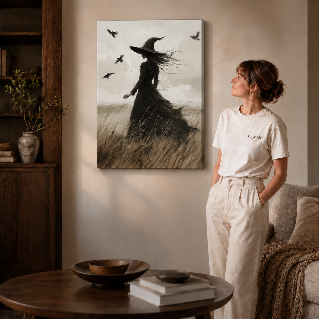 Gallery-wrapped gothic witch wall art displayed in a cozy neutral living room