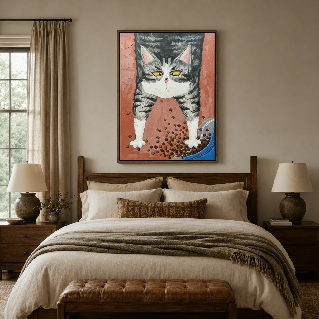 Bold impasto tabby cat painting in dark walnut float frame above bedroom headboard