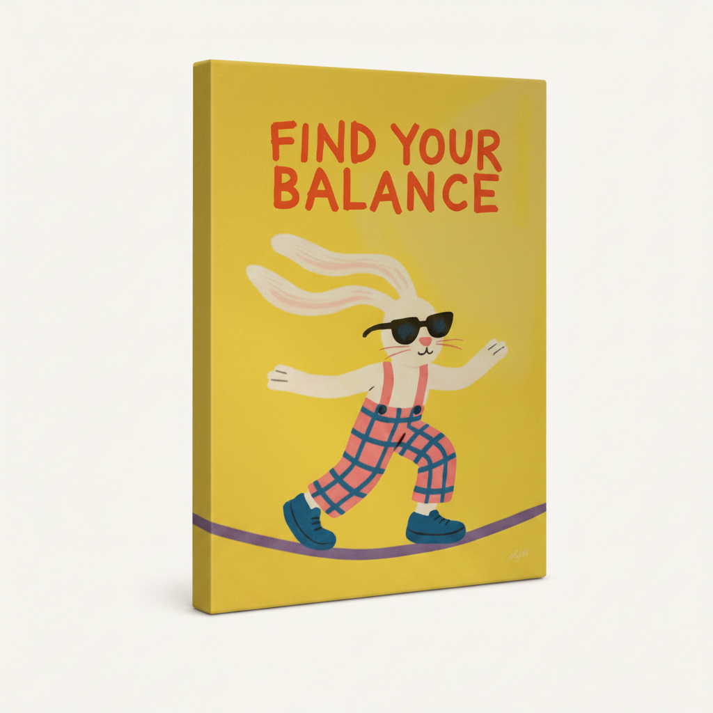 Gallery-wrapped cool bunny balance tightrope canvas showing vivid yellow wrap edges, no frame, 3/4 angle view