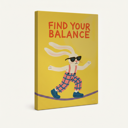 Gallery-wrapped cool bunny balance tightrope canvas showing vivid yellow wrap edges, no frame, 3/4 angle view