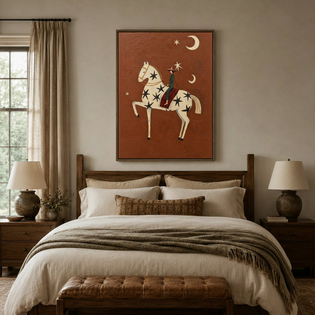 Rustic western horse canvas print above bed in cozy bedroom, terracotta folk art