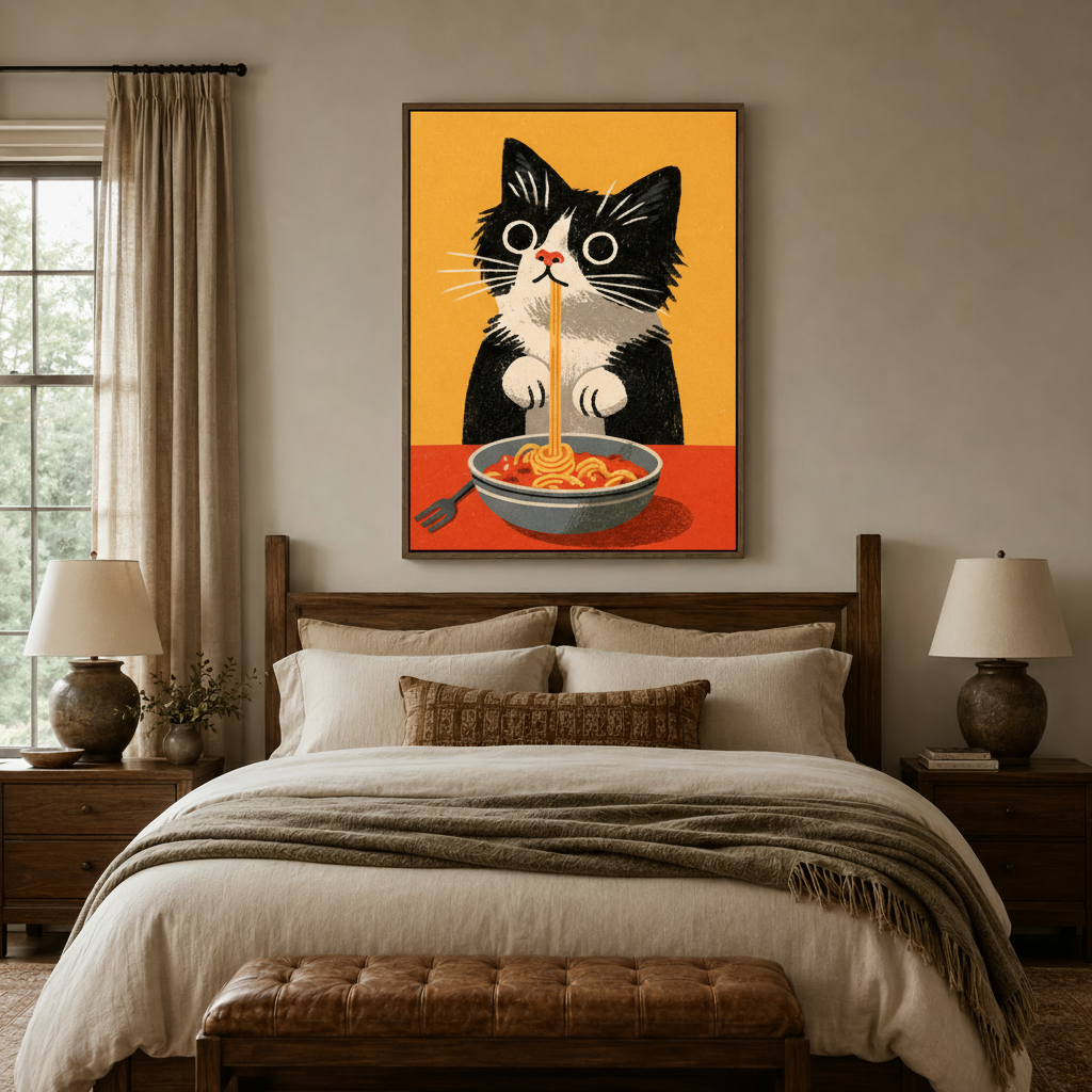 Bold retro spaghetti cat illustration canvas hung above wooden bed in warm farmhouse bedroom