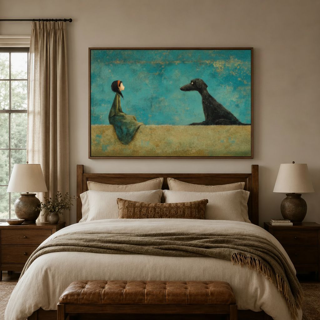 Minimalist whimsical canvas print featuring girl and black dog styled above a bed in a warm bedroom
