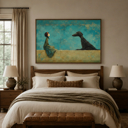 Minimalist whimsical canvas print featuring girl and black dog styled above a bed in a warm bedroom