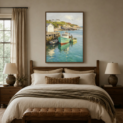 Nautical harbor canvas print above bed in cozy neutral bedroom with linen bedding