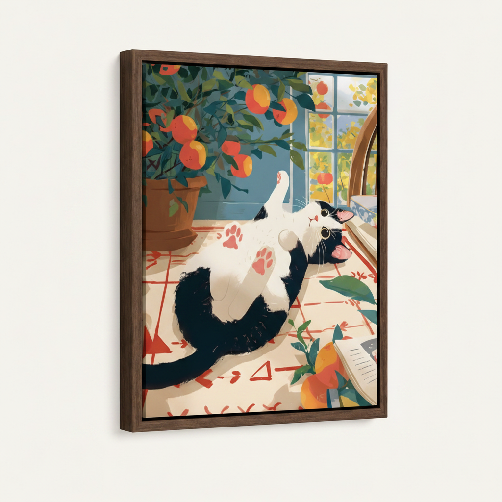  Float frame close-up — whimsical cat canvas art in dark walnut floating frame at angle on off-white background