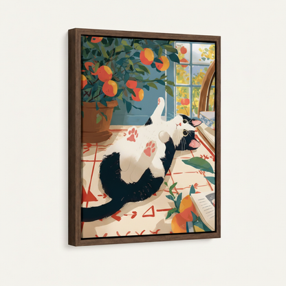  Float frame close-up — whimsical cat canvas art in dark walnut floating frame at angle on off-white background