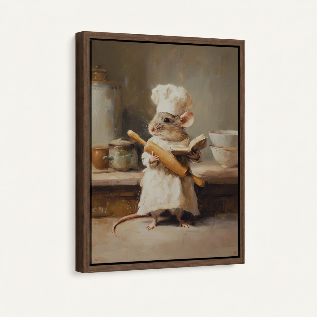 Framed classical chef mouse kitchen canvas art dark walnut floating frame angled product view
