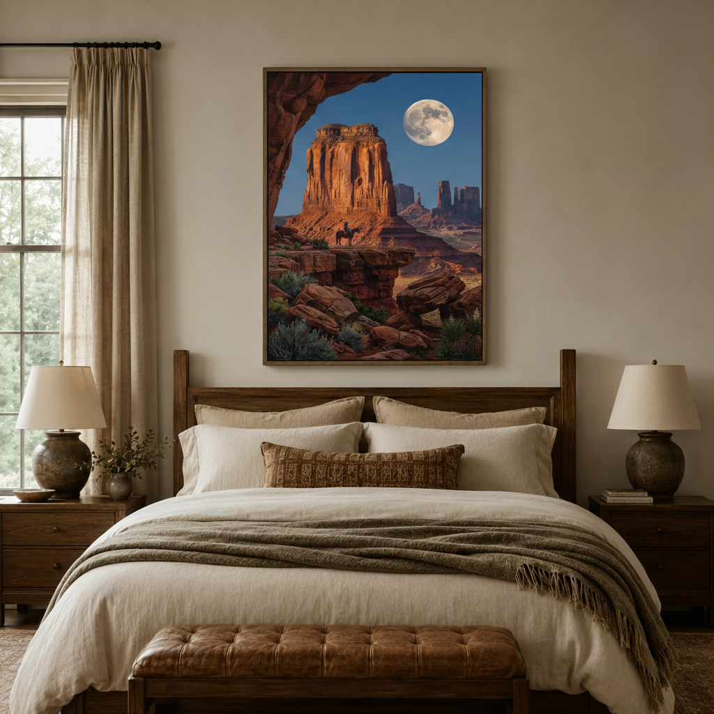 Moonlit canyon wall art above a wooden bed in a cozy neutral bedroom, lone cowboy silhouette at dusk