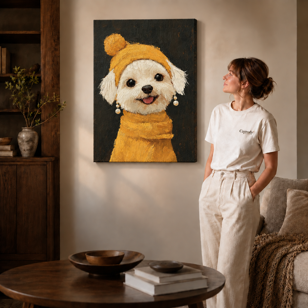 Painterly white dog portrait with yellow clothing shown on a wall in a furnished room