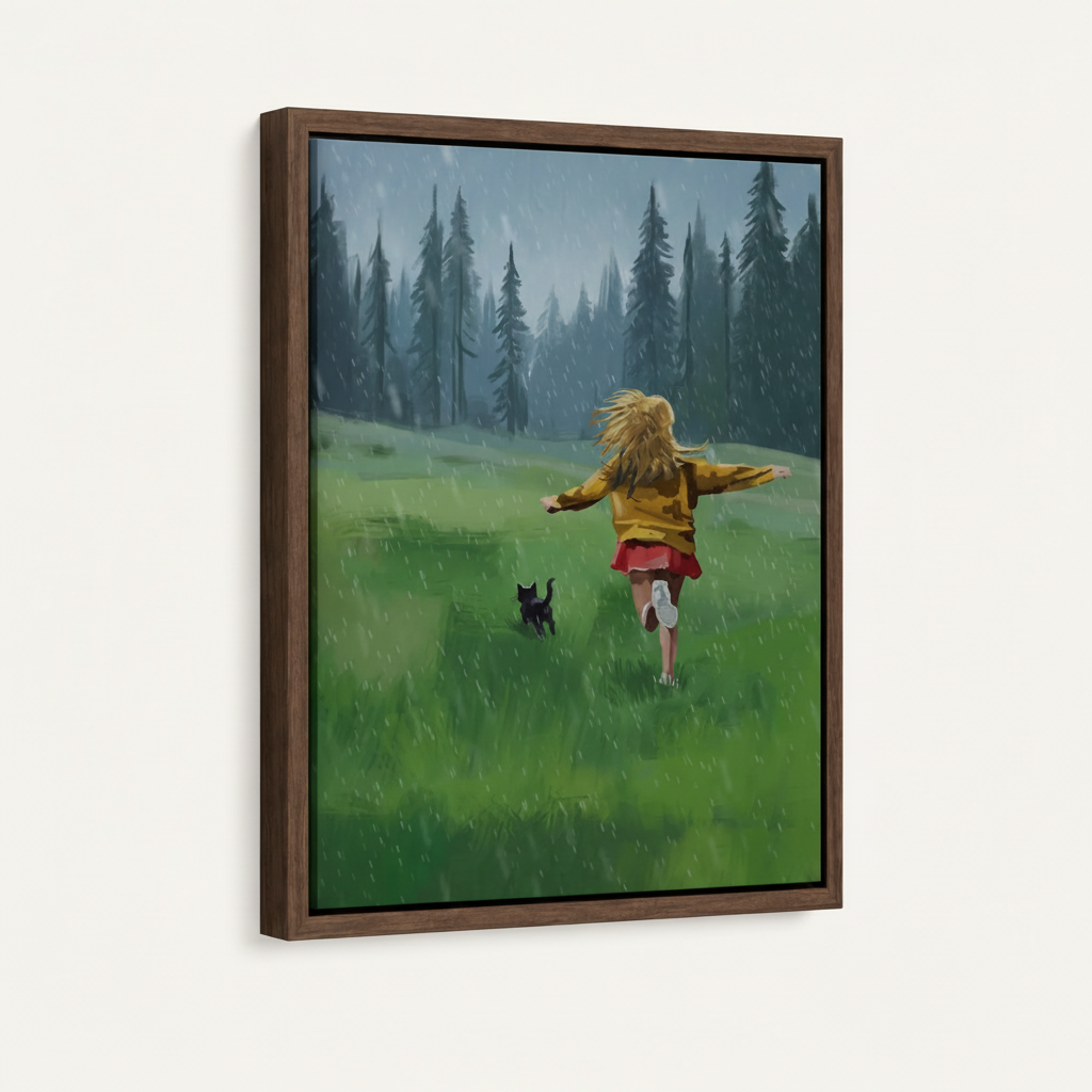 Girl running rain meadow black cat canvas in dark walnut float frame, portrait orientation, 3/4 angle