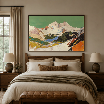 Bold alpine landscape canvas wall art with snow peaks displayed above bed in warm neutral bedroom