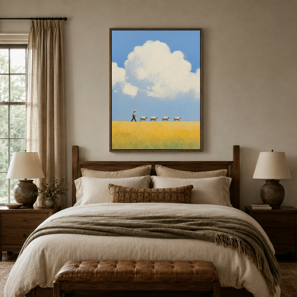 Minimalist golden meadow shepherd painting displayed above bed in a neutral modern bedroom