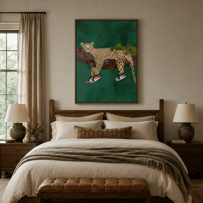 Bold leopard Jordan sneakers canvas print above bed in cozy neutral bedroom