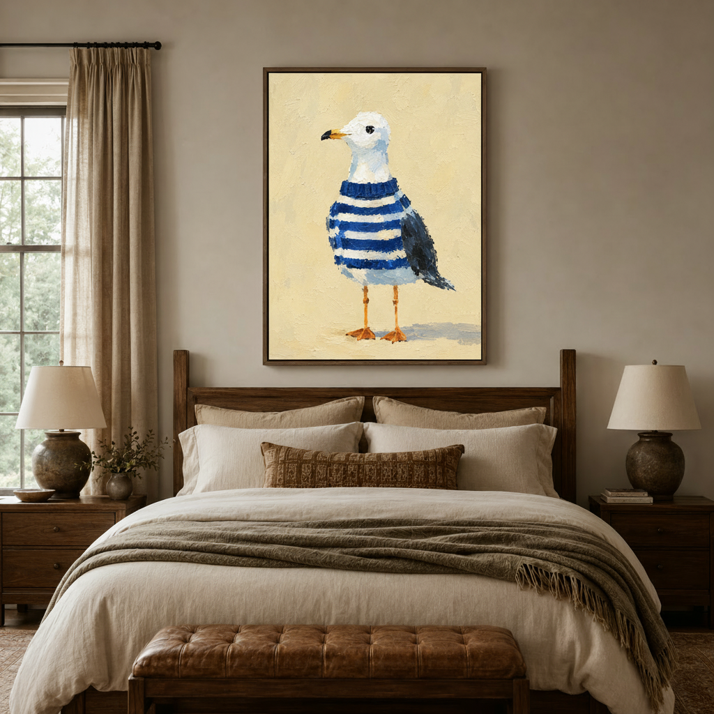 Funny seagull sweater painting framed above bed in neutral beige bedroom interior