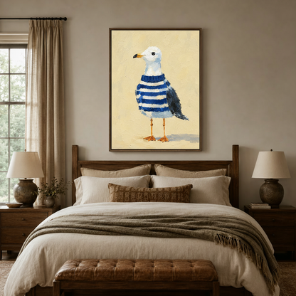 Funny seagull sweater painting framed above bed in neutral beige bedroom interior