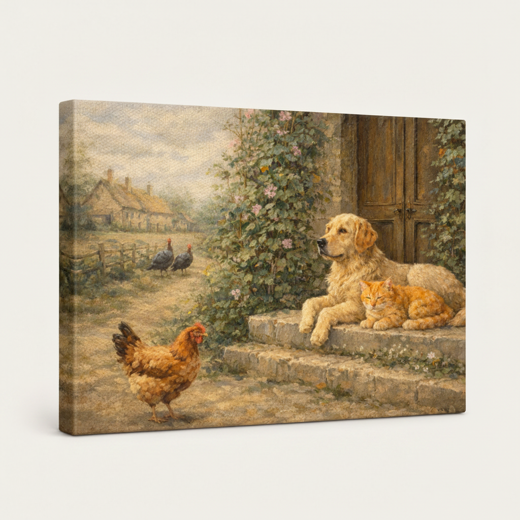 Farmyard Golden Retriever cat canvas gallery wrap side view with warm amber wrap edges no frame