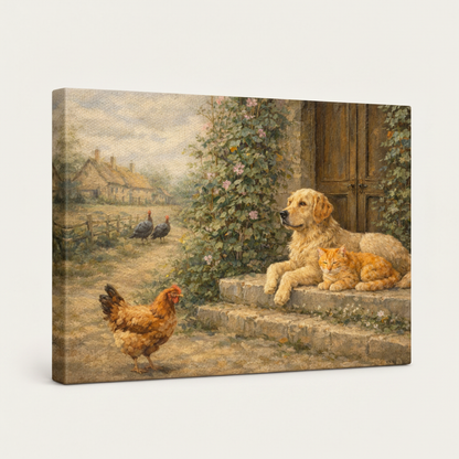 Farmyard Golden Retriever cat canvas gallery wrap side view with warm amber wrap edges no frame