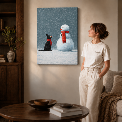 Unframed black cat and snowman canvas art displayed beside a sofa in a softly lit room.