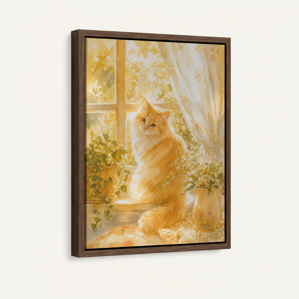 Framed impressionist canvas art golden cat sunlit window dark walnut floating frame angled view