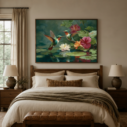 Hummingbird and hibiscus wall art above bed, colorful botanical canvas print bedroom decor