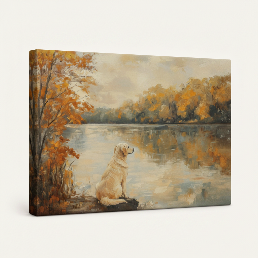 Gallery wrapped golden retriever autumn lake canvas side view showing warm amber tree tones wrapping edges