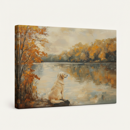 Gallery wrapped golden retriever autumn lake canvas side view showing warm amber tree tones wrapping edges
