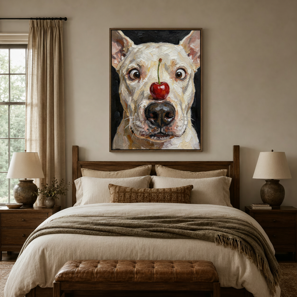 Dog with cherry on nose impasto canvas print in float frame above wooden bed headboard