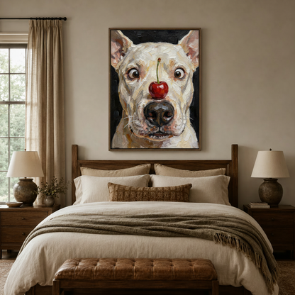 Dog with cherry on nose impasto canvas print in float frame above wooden bed headboard