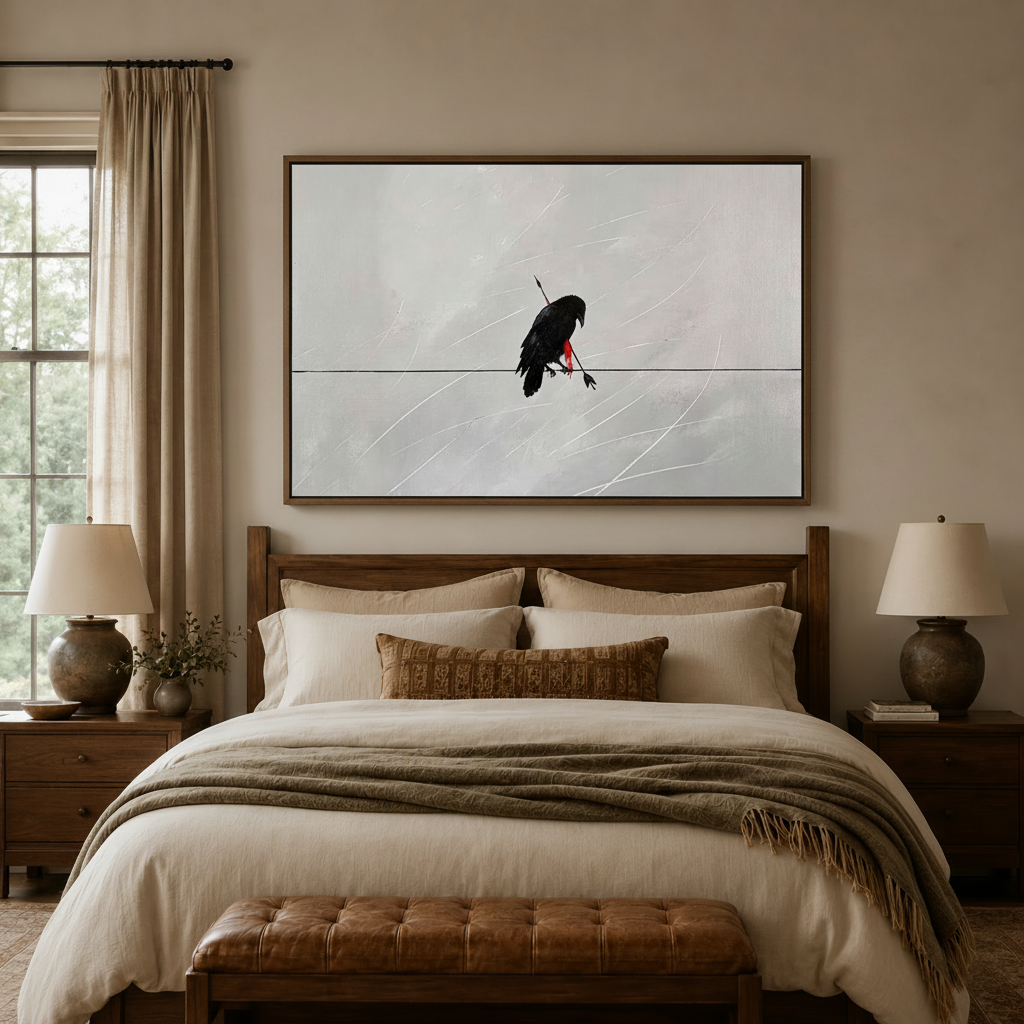 Contemporary black raven canvas art centered above bed headboard in warm beige bedroom