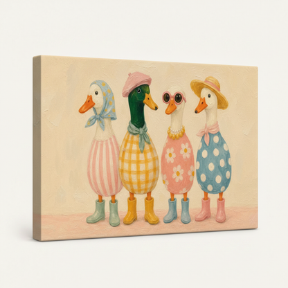 Gallery wrapped fancy ducks canvas side view showing dark wrap edges no frame
