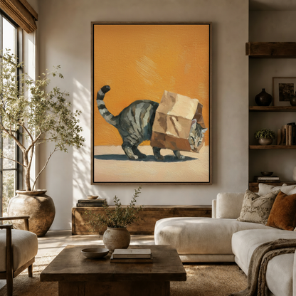 Whimsical cat with paper bag wall art in floater frame styled in a cozy neutral living room