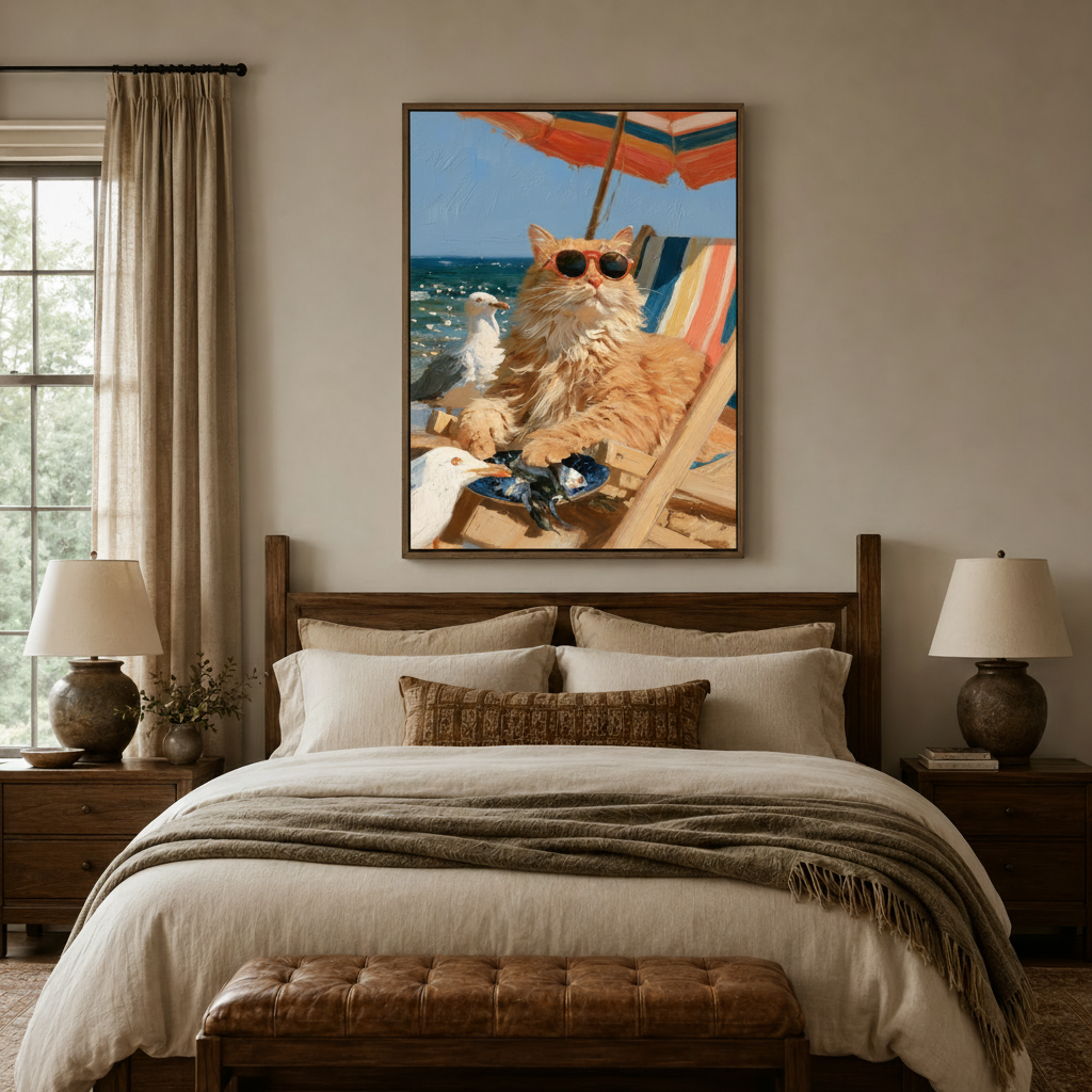 Whimsical beach cat canvas print hung above wooden bed in warm earth-tone farmhouse bedroom