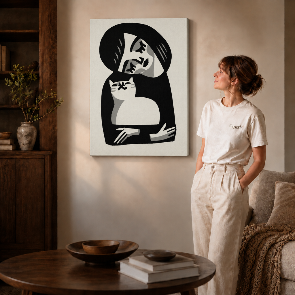 Gallery-wrapped woman and cat canvas art displayed above a round wood coffee table