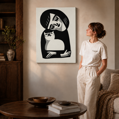 Gallery-wrapped woman and cat canvas art displayed above a round wood coffee table