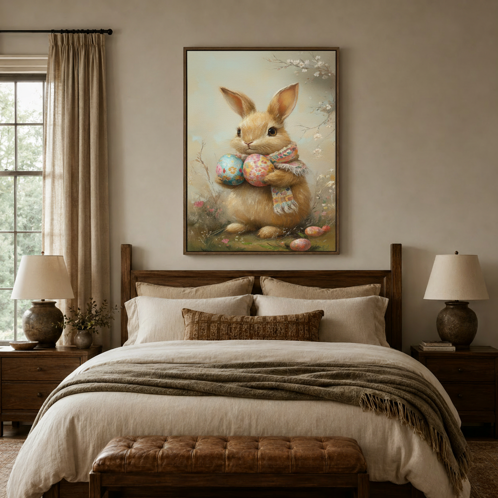 Fluffy Easter bunny painting with cherry blossom background above bed in cozy bedroom setting