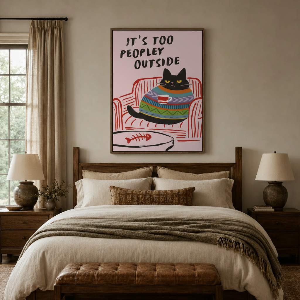 Witty illustrated cat canvas print above a bed in a cozy bedroom setting