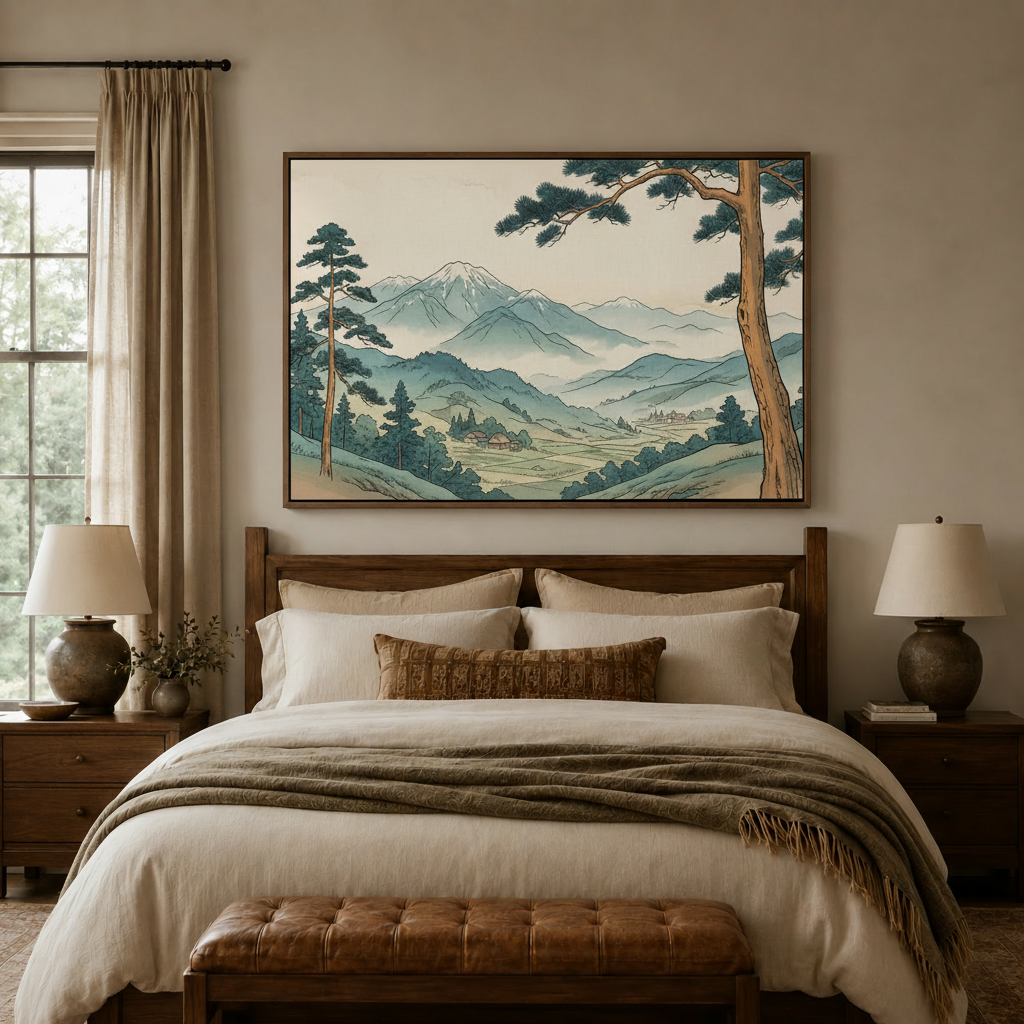 Japanese landscape canvas wall art above bed headboard in cozy warm-toned bedroom with float frame