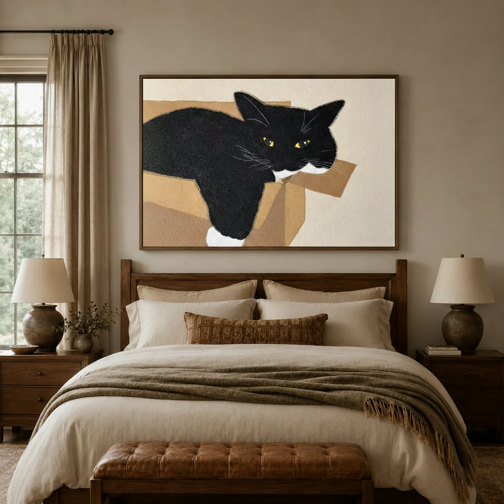 Flat graphic cat canvas wall art above bed headboard in cozy warm-toned bedroom