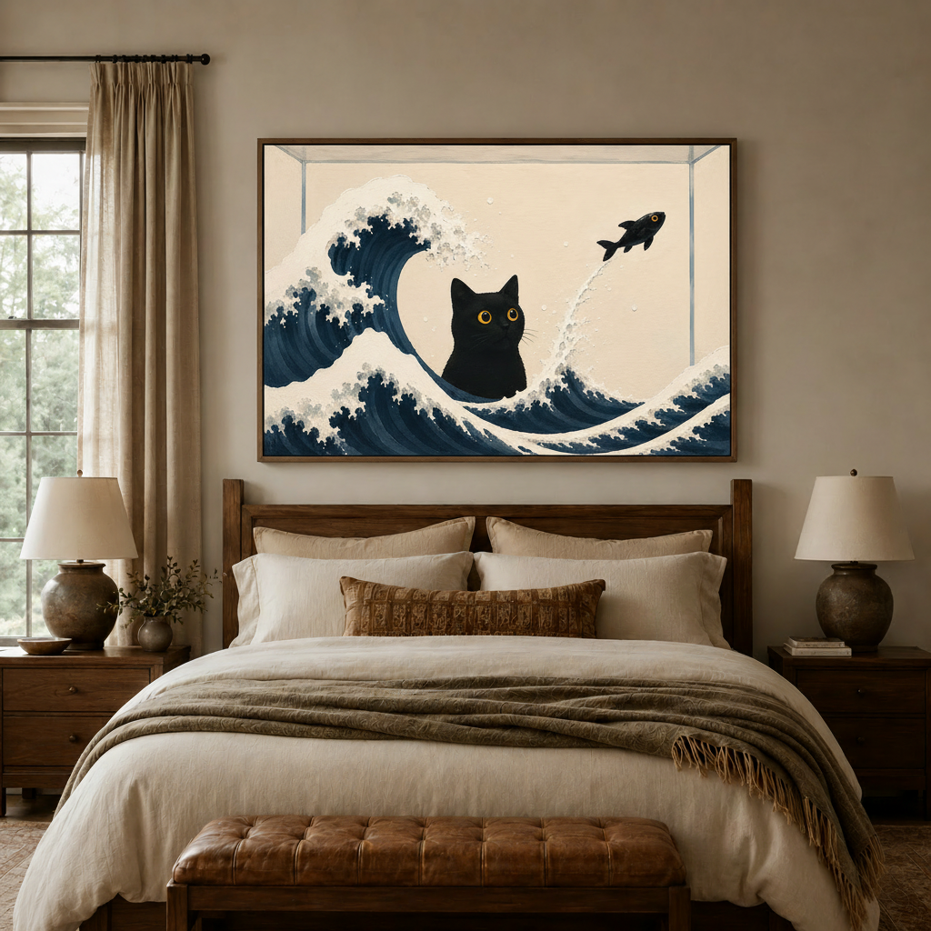 Ukiyo-e style black cat wall art centered above wooden bed headboard in cozy bedroom with ceramic lamps and layered neutral bedding
