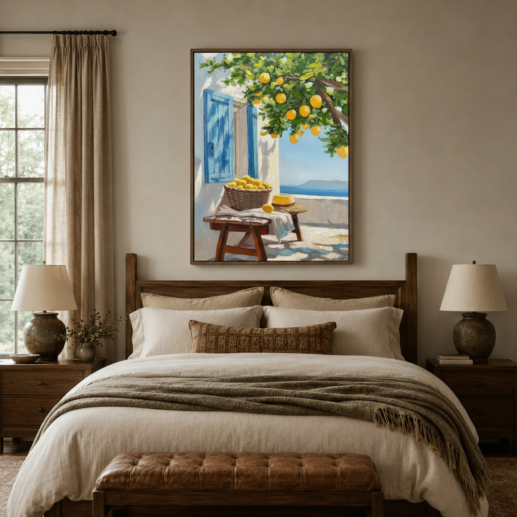 Sun-drenched Mediterranean lemon wall art above bed in cozy bedroom setting