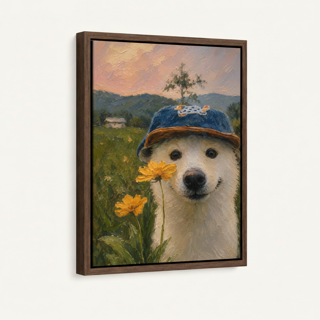Whimsical white dog blue hat canvas in dark walnut float frame, 3/4 angle showing frame depth