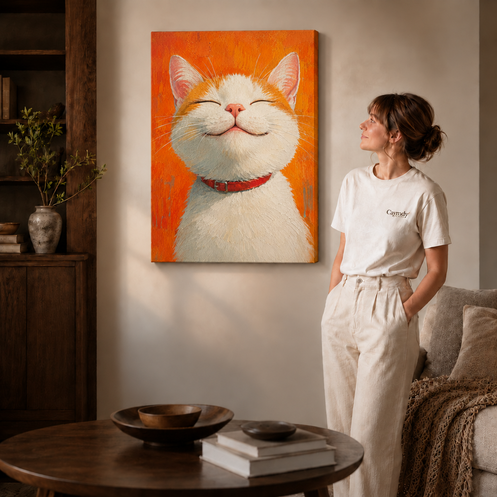 Unframed orange cat canvas brings a bright accent to a living room with a woman in white.