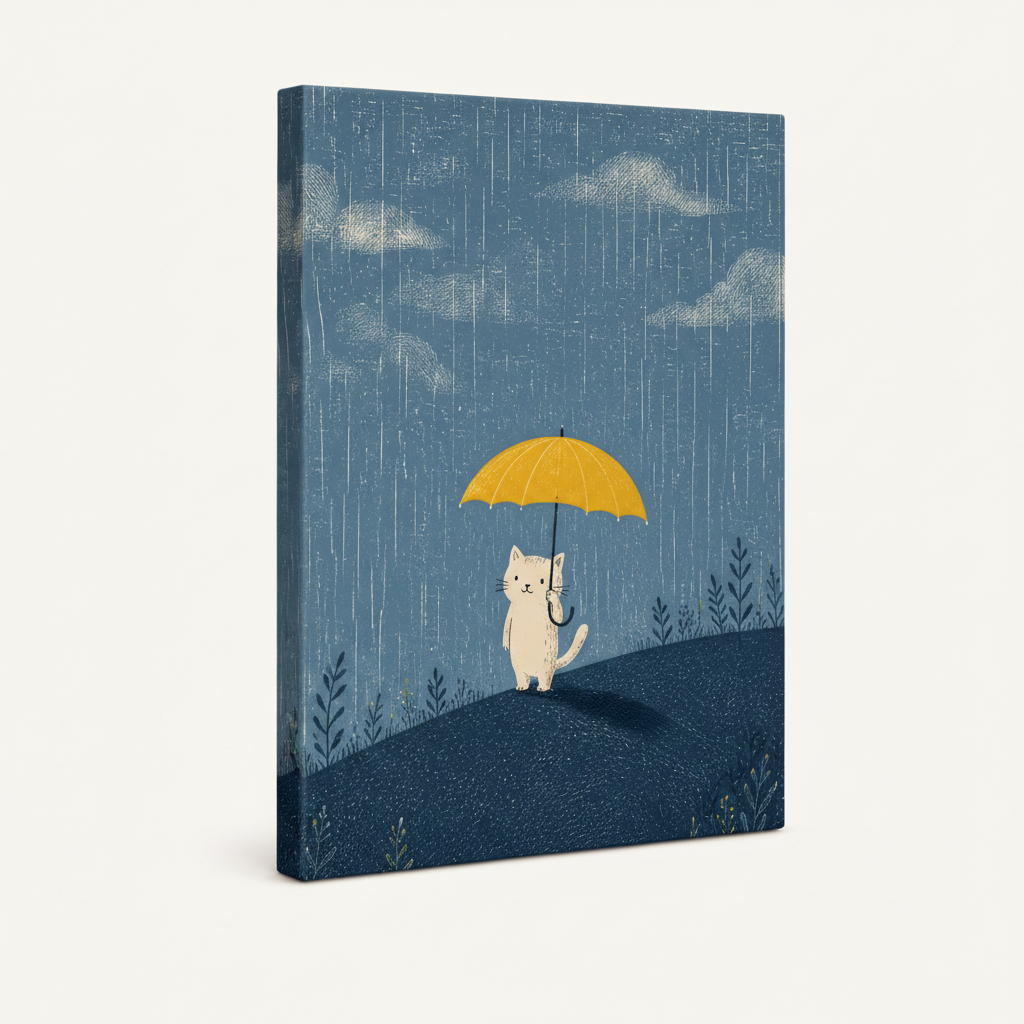 Gallery-wrapped white cat rainy day illustration canvas showing blue-gray wrap edges, no frame, 3/4 angle