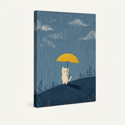 Gallery-wrapped white cat rainy day illustration canvas showing blue-gray wrap edges, no frame, 3/4 angle