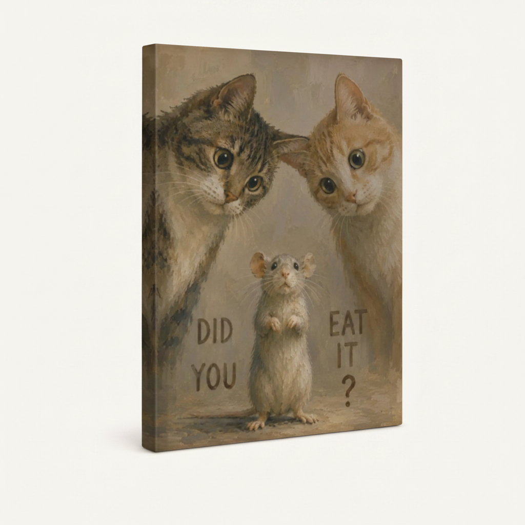 Gallery-wrapped two cats mouse interrogation vintage canvas showing warm sepia wrap edges, no frame, 3/4 angle