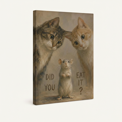 Gallery-wrapped two cats mouse interrogation vintage canvas showing warm sepia wrap edges, no frame, 3/4 angle